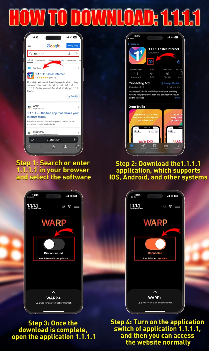 How to download 1.1.1.1 — four steps: search, download, open app, turn on WARP